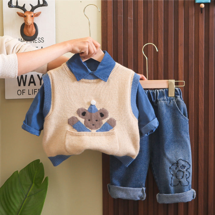 Toddler 3-Piece Bear Vest, Shirt & Jeans Set β Beige or White (1-6 Years)